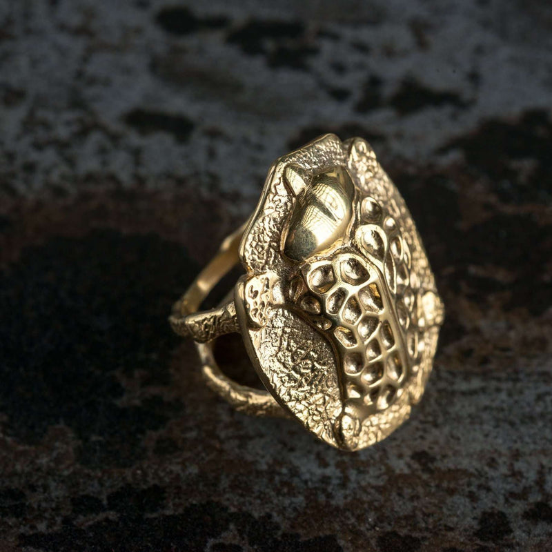 'Statement ring in recycled silver, gold plated, the messenger collection, beetle design by Ferunas jewellery.'