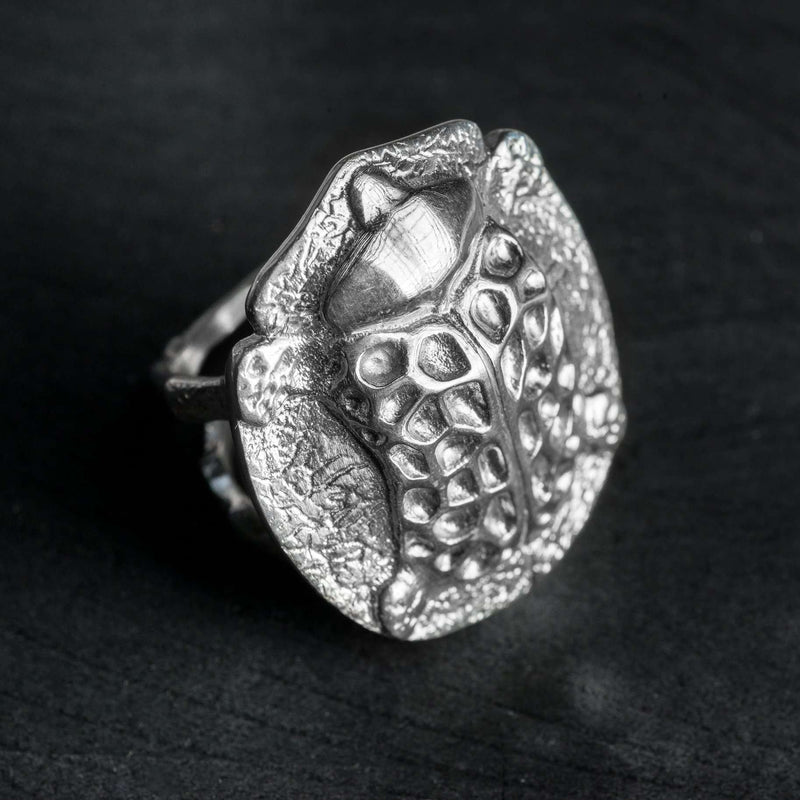 'Statement ring in recycled silver, the messenger collection, beetle design by Ferunas jewellery.'