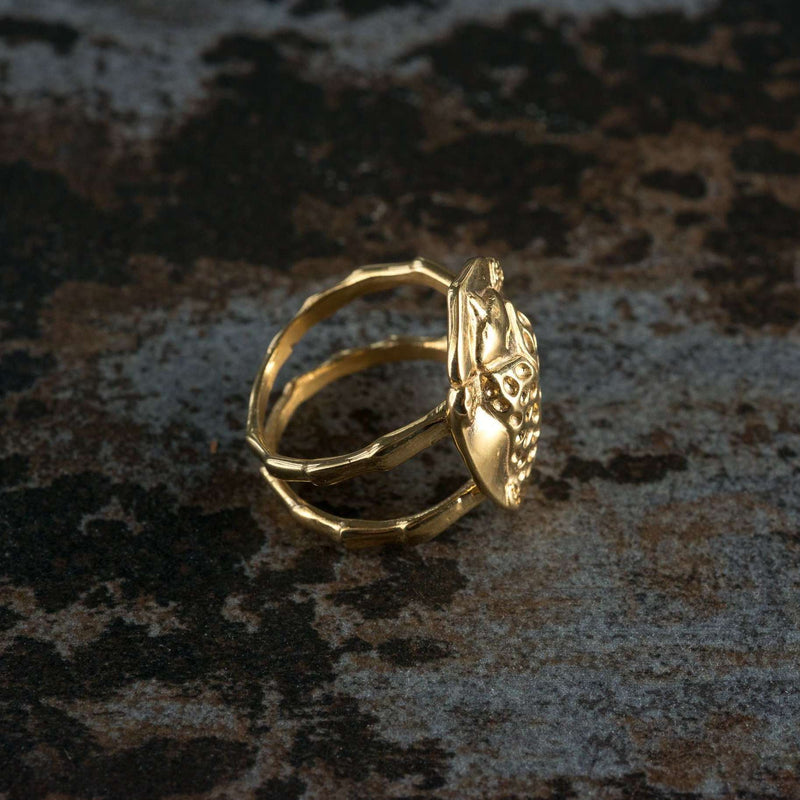 ‘Side view of ring in recycled silver, gold, the messenger collection, beetle design.’