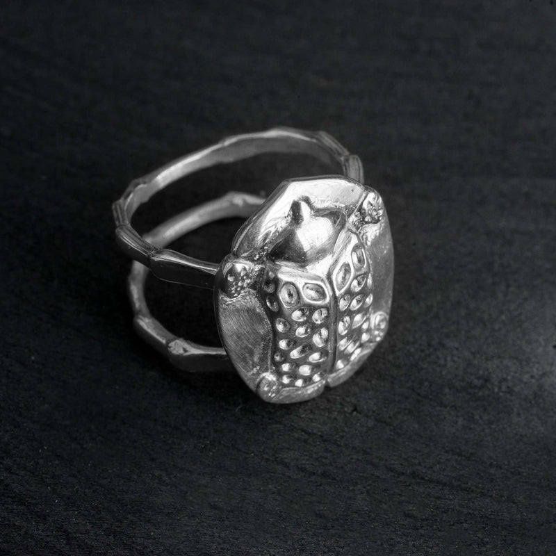 ‘Close-up of ring in recycled silver, the messenger collection, beetle design.’